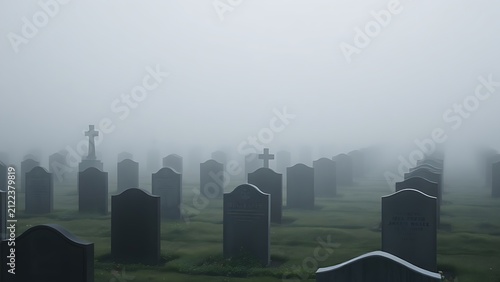 Misty morning in a cemetery with rows of grey tombstones receding into fog.