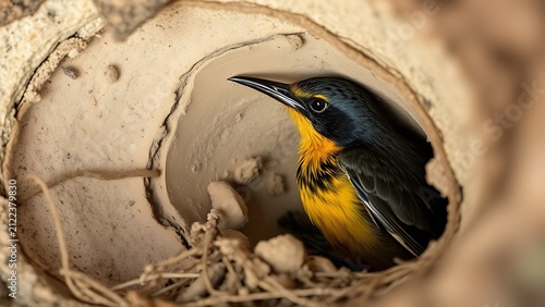Bowerbird smoothing the interior wall of its nest with mud and saliva.
