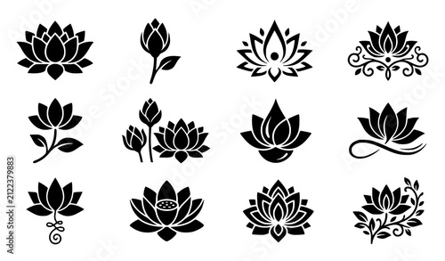 Set of black lotus flower icons and floral design elements for yoga and meditation branding projects