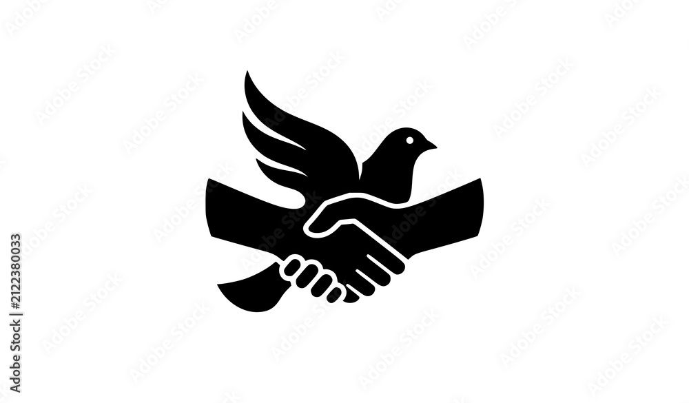 Obraz premium Minimalist black and white icon illustration of a dove formed by a handshake representing global peace and unity