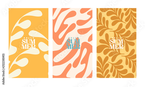 A creative concept for a bright and fresh summer card set. Modern abstract art design featuring shapes and wavy lines. Templates for celebrations, advertisements, branding, banners, covers, labels, po