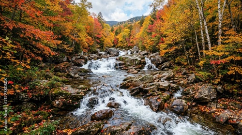 Rocky river flowing through a colorful autumn forest.