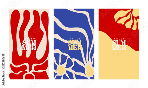 A creative concept for a bright and fresh summer card set. Modern abstract art design featuring shapes and wavy lines. Templates for celebrations, advertisements, branding, banners, covers, labels, po