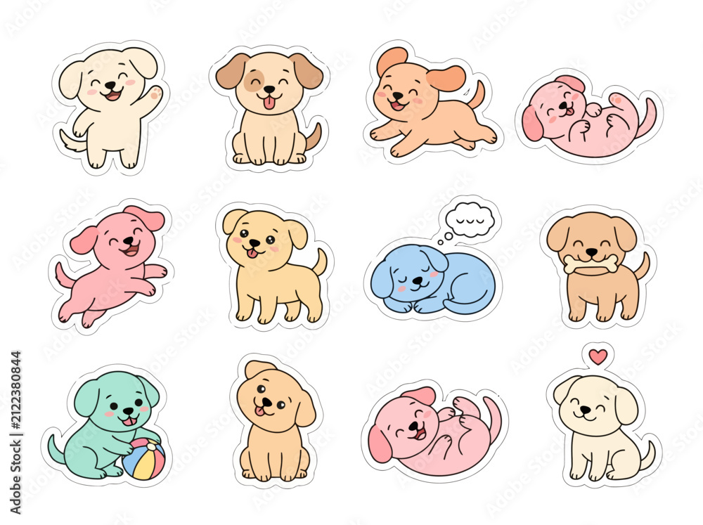 Obraz premium A collection of cute cartoon puppy stickers in various poses and colors.