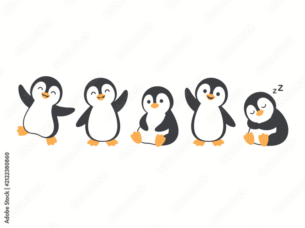 Fototapeta premium Five cute penguins in various playful and sleeping poses.