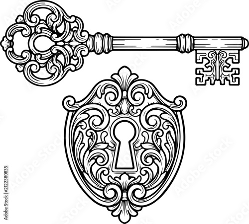 skeleton key with ornate decorative keyhole vector illustration