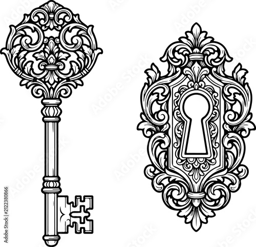 skeleton key with ornate decorative keyhole vector illustration