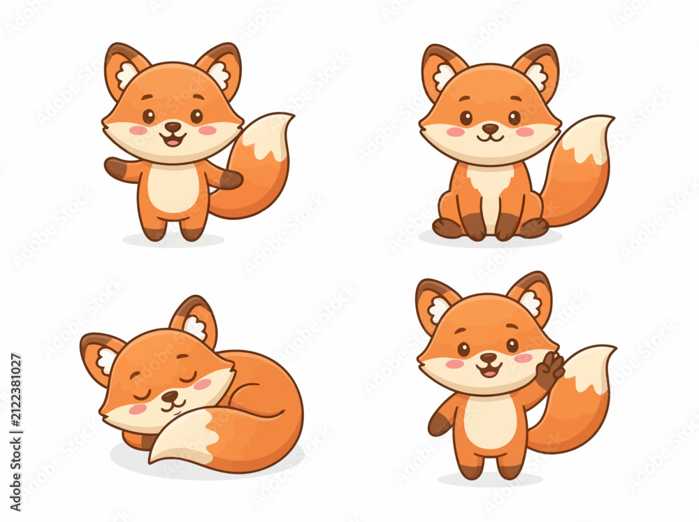 Fototapeta premium Cute little foxes in different poses set.