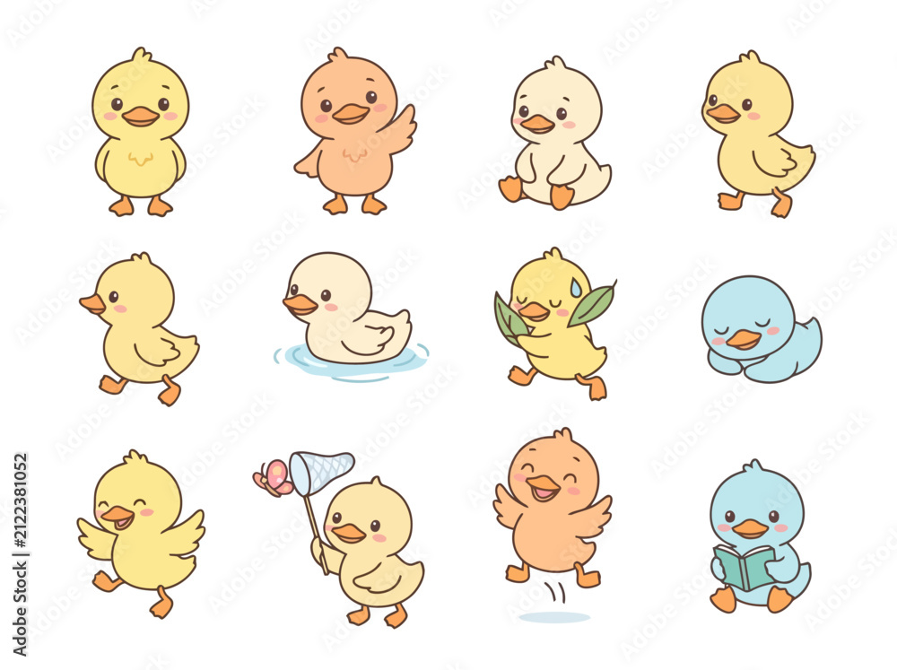Fototapeta premium A collection of cute cartoon ducklings in various poses and expressions.