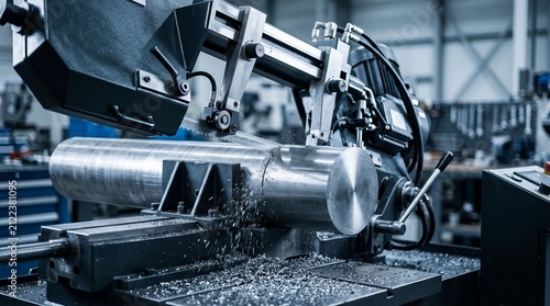 Automatic bandsaw machine sawing a cylindrical metal workpiece in a factory.