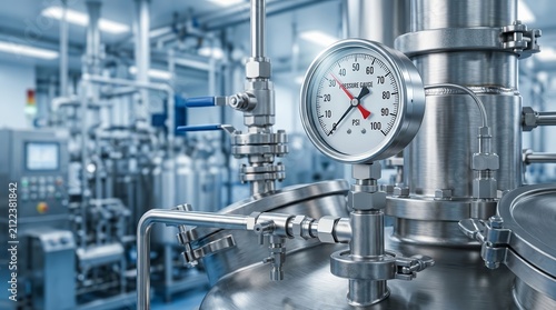 Metal industrial manufacturing production equipment in a chemical or pharmaceutical plant workshop.