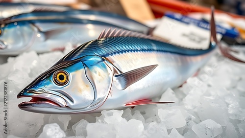 Silvery-blue mahi-mahi fish on crushed ice at a market, detailed scales.