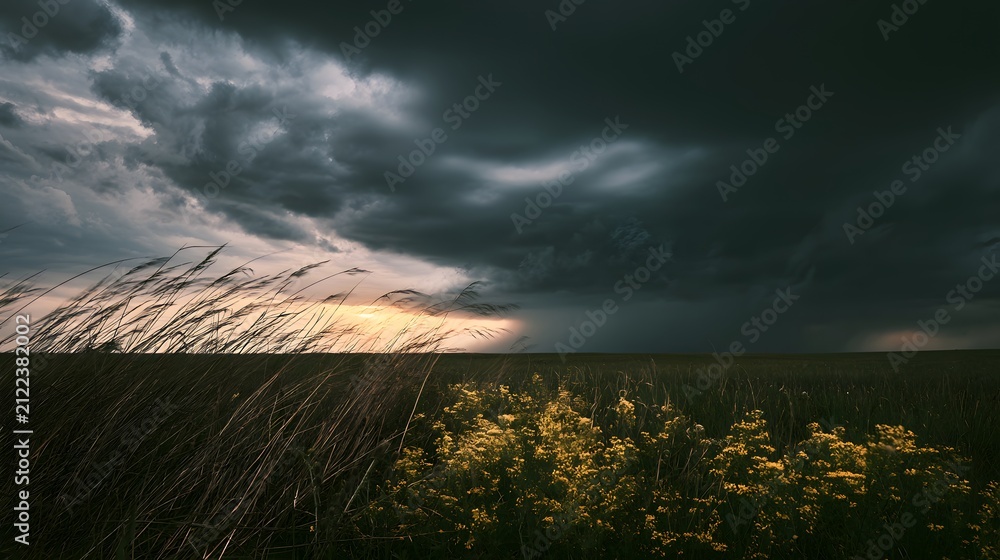 Obraz premium Prairie storm beauty golden light illuminates wildflowers a dramatic cinematic landscape scene of vastness