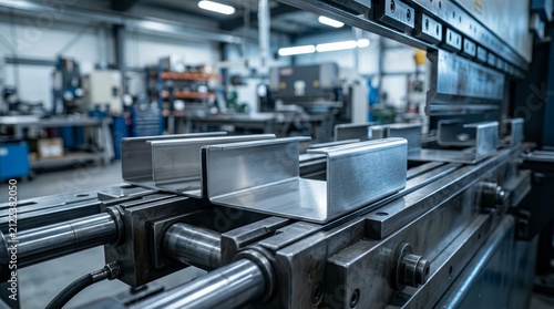 Metal products being bent on an industrial bending machine in a factory.