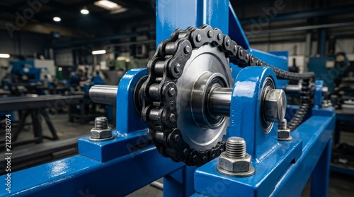 Blue industrial machine featuring black chains and silver gears.