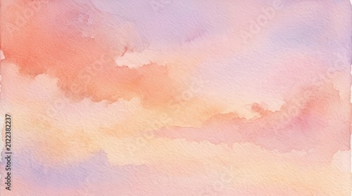 Abstract watercolor painting of a colorful cloudy sunset sky on textured paper.