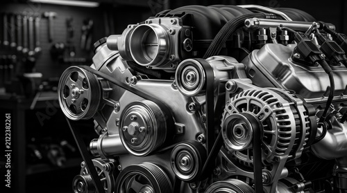 Detailed close up of a complex car engine showing intricate machinery components.