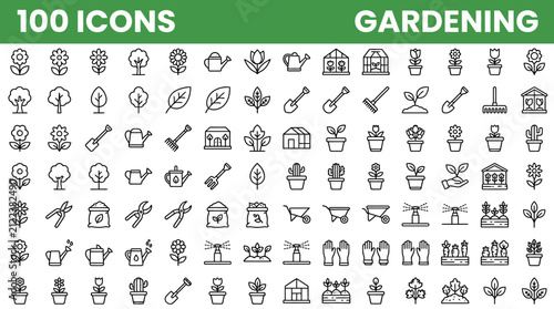 Gardening icon set with plants tools and nature linear symbols
