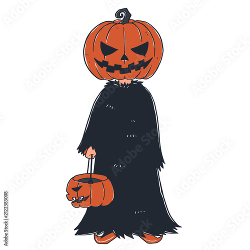 pumpkin head character standing straight, wearing a tattered black cloak and pointy orange shoes, while holding a pumpkin trick-or-treat candy bucket, Halloween Hand-drawn style clipart