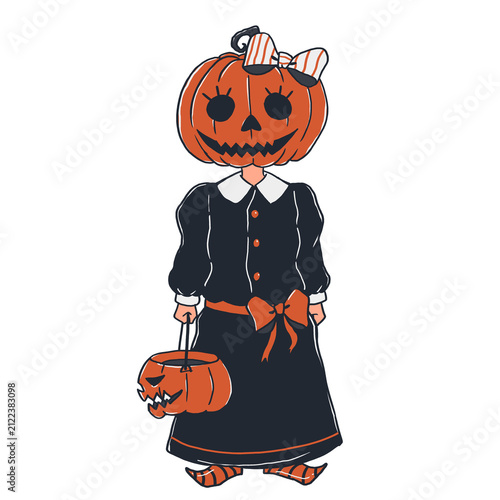 female pumpkin head character standing straight, wearing a black dress with a white collar, an orange bow belt, and holding a pumpkin trick-or-treat, Halloween Hand-drawn style clipart
