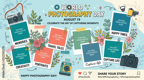 Creative world photography day collage template with frames for capturing memories with camera illustrations celebrating frames floral accents