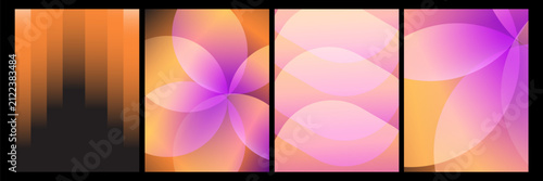 Abstract orange purple poster templates set. Vector modern gradient cover designs with circular waves, spiral vortex, light beams and folded geometric shapes.