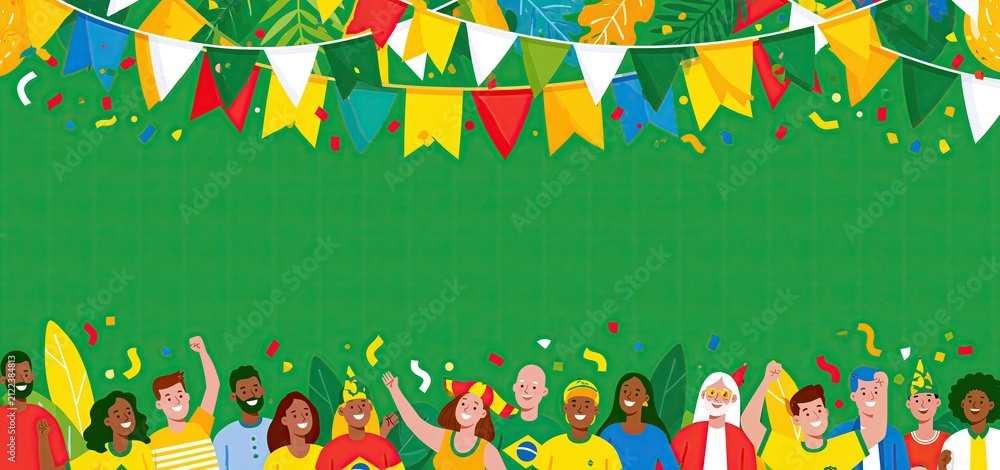Obraz premium A lively crowd surrounded by colorful decorations celebrates Brazilian culture and national pride.
