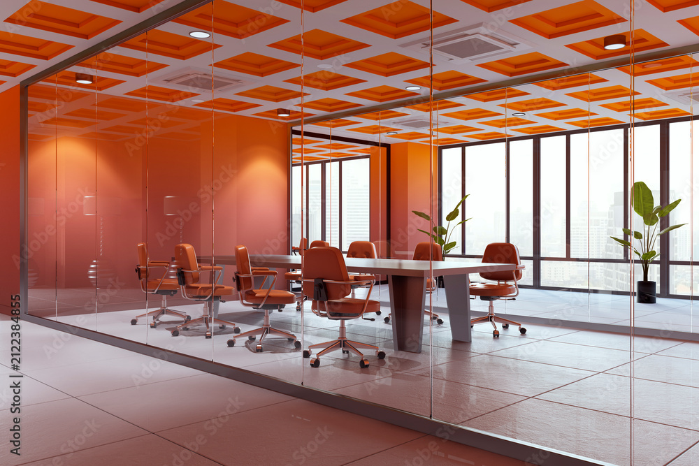 Obraz premium Modern Orange Glass Conference Room Interior with Contemporary Boardroom Table, Office Chairs, Plants, and City Windows Design. 3D Rendering