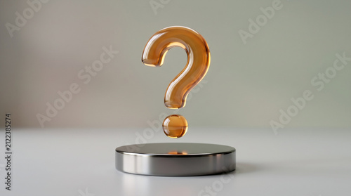 Title: Floating Amber Glass Question Mark on Reflective Metal Pedestal Representing Mystery Curiosity Uncertainty Inquiry Decision Making and Creative Thinking Concept