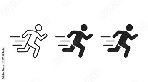 Three running person icons displaying bold lines and solid shapes in a minimalist vector design