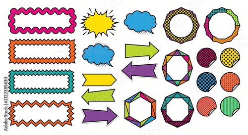 Colorful retro funky frames and blank stickers in geometric, zigzag, arrow, and comic-style shapes for playful designs.