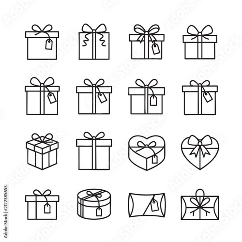 black vector icon gift boxes with ribbon, labels and heart tag set