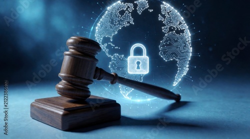 A wooden gavel beside a glowing digital globe with a padlock. Concept of global cybersecurity laws and digital privacy. 