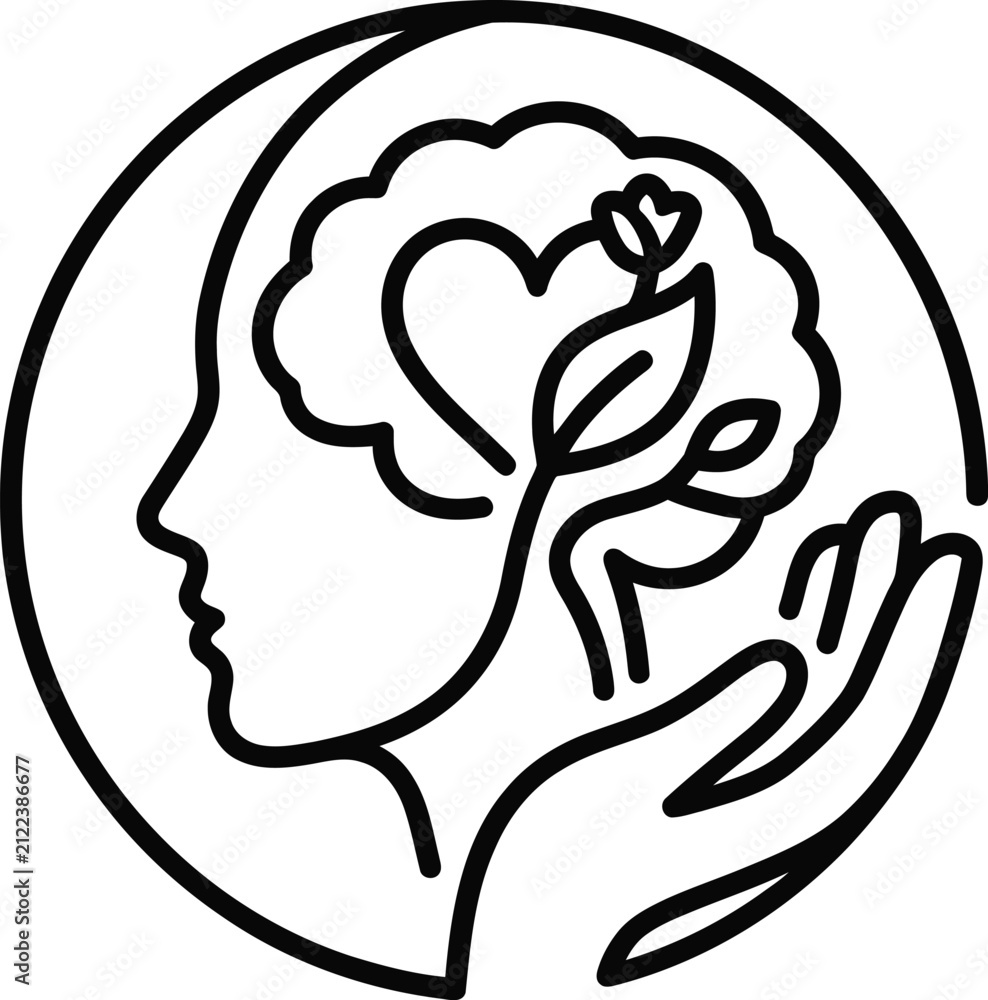 Obraz premium Brain and heart inside human head outline with plant growing from it in hands.