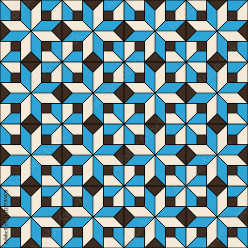 Arabic Mosaic Seamless Pattern with Blue and Cream Geometric Star Tiles