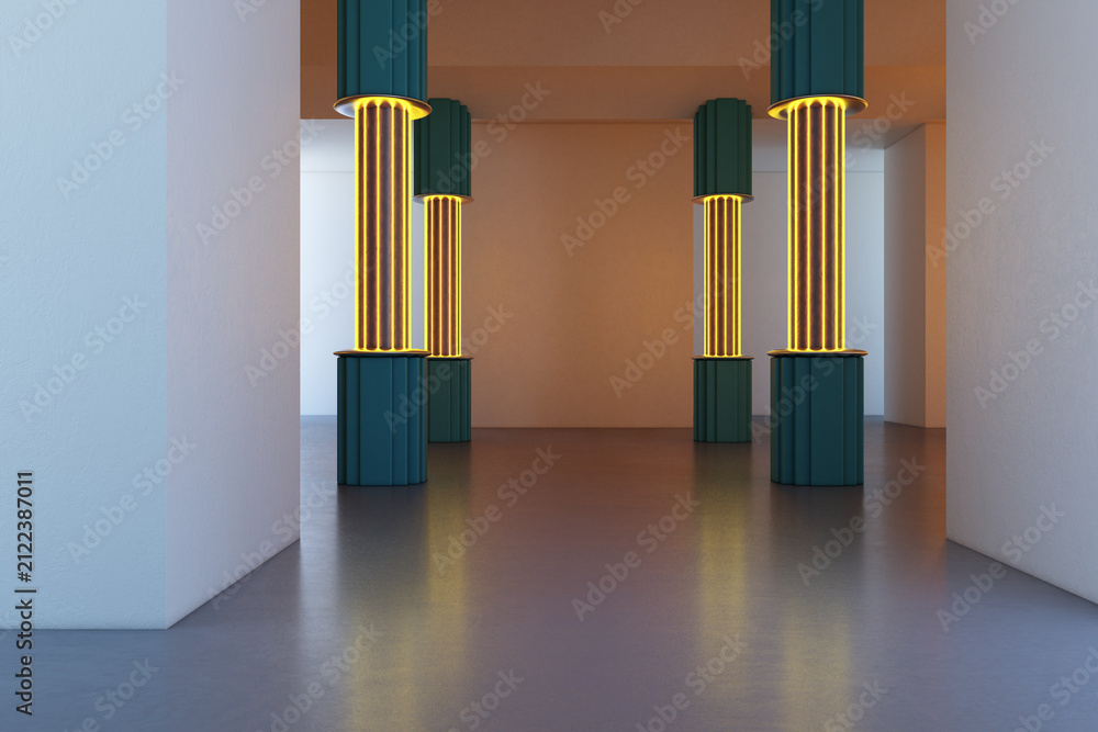 Fototapeta premium Abstract modern interior with glowing geometric columns in a contemporary architectural space, artistic light installation and empty room. 3D Rendering