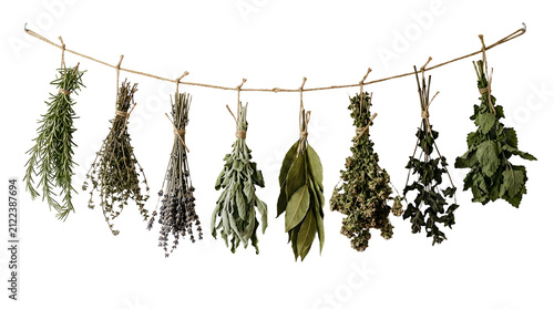 Bunch of dried herbs hanging isolated on white background, ideal for cooking, culinary, and rustic kitchen design, and creative projects, high quality visuals, modern branding needs