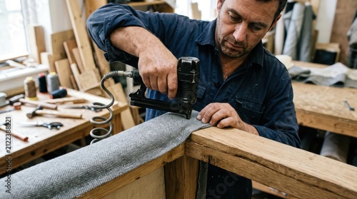 Artisan Masterfully Upholstering a Custom Wooden Furniture Piece in a Traditional Workshop Setting