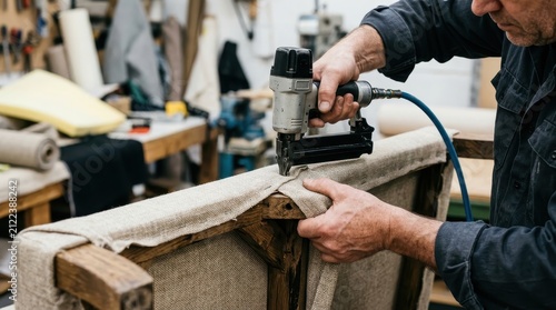 Artisan Upholstering Furniture with Pneumatic Staple Gun in Professional Workshop Environment Focusing on Quality Craftsmanship and Textile Restoration Details