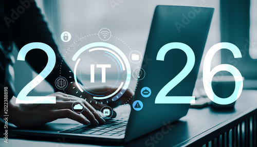 2026 IT technology concept with laptop users, digital network icons, data sec...