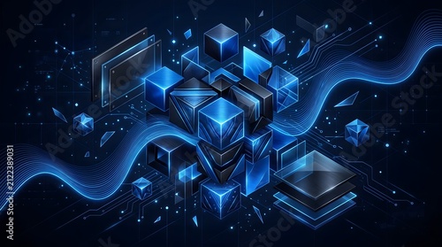 Abstract 3D blue blockchain cube cluster with glowing wave line background.