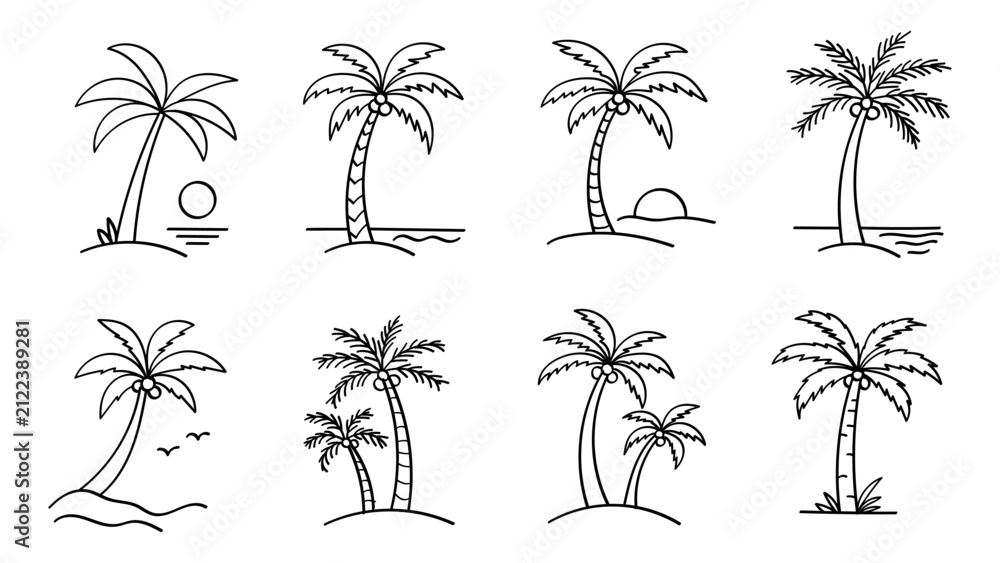 Fototapeta premium Tropical Palm Tree Line Art Collection with Beach and Island Elements Vector Illustration