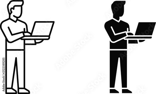 Man Holding Laptop Silhouette On Transparent Background person male figure human notebook computer device technology