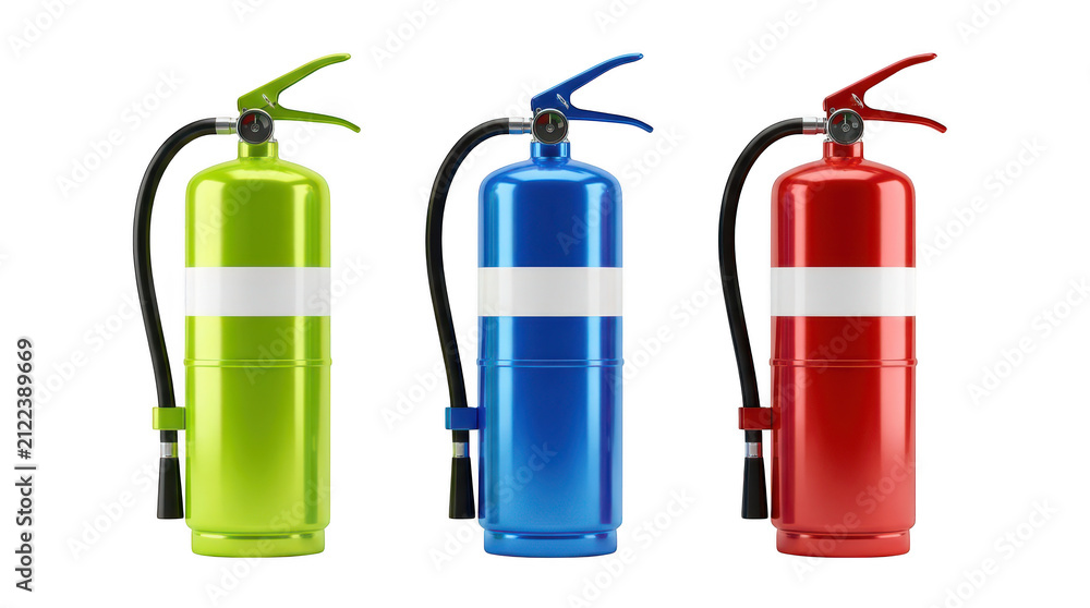 Fototapeta premium Three colorful fire extinguishers isolated on transparent background