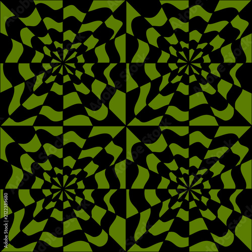Psychedelic Spiral Optical Illusion Seamless Pattern in Green and Black