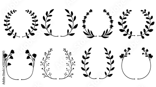 Silhouette Botanical Wreath Frame Collection with Leaves and Flowers Vector Illustration