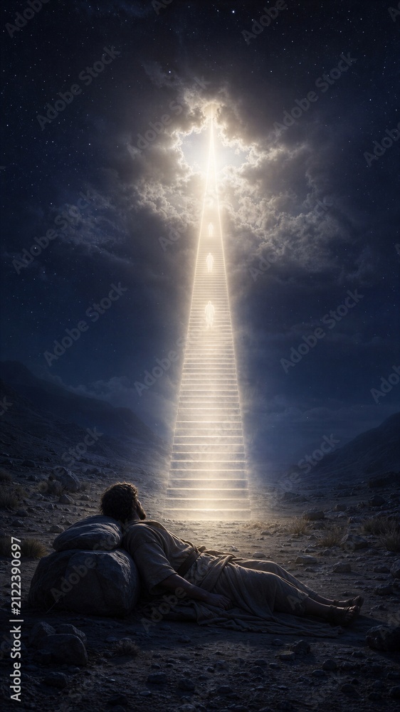 Obraz premium Man sleeping on stone pillow dreaming of Jacob ladder reaching heaven. Biblical scene from Genesis with glowing angels ascending staircase to God.