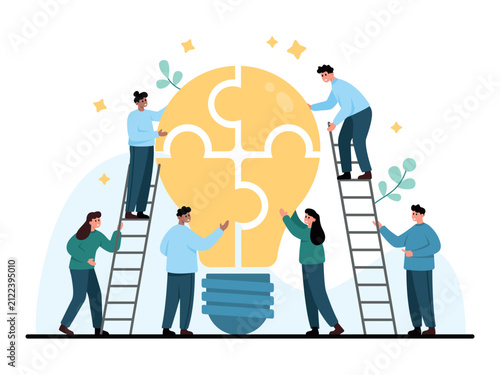 Team members assemble a puzzle lightbulb to represent collaboration, brainstorming and problem solving in business, with ladders and people isolated on white background vector illustration