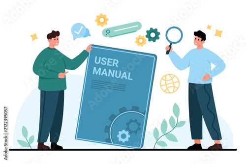 People examining a user manual book with search, settings, and support icons for help, onboarding, documentation, and instruction content isolated on white background vector illustration