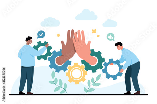 People assembling gears beneath a high five, showing teamwork, collaboration, support and shared success in a business concept, isolated on white background vector illustration